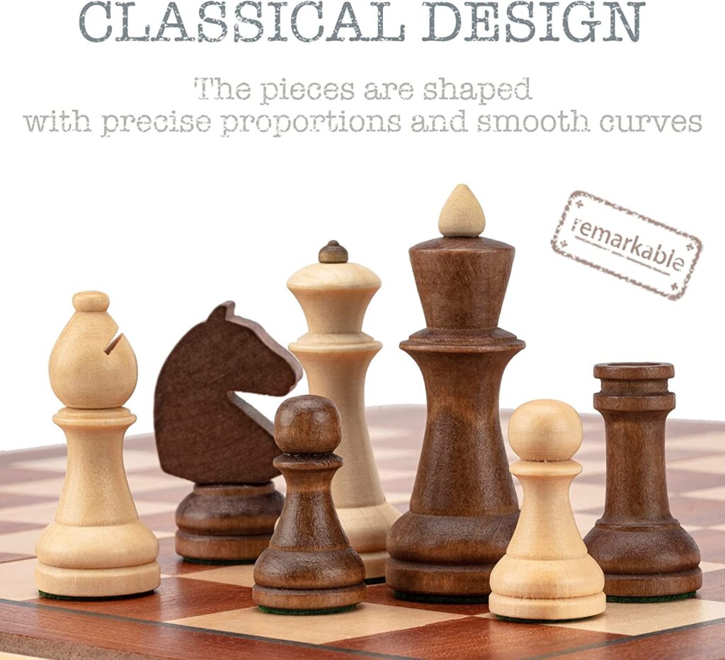 Juego de ajedrez Plegable de Madera de 38 cm con Piezas de ajedrez Staunton de 7,6 cm de Altura de Rey - Tablero de Caoba y Arce con Incrustaciones